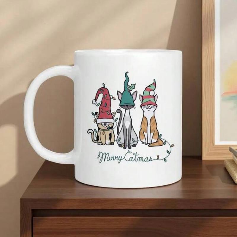 Tailorly White Ceramic 11 oz Mug - Merry Catmas Whimsical Felines Wearing Festive Holiday Hats In A Simple Hand Drawn Illustration Cat