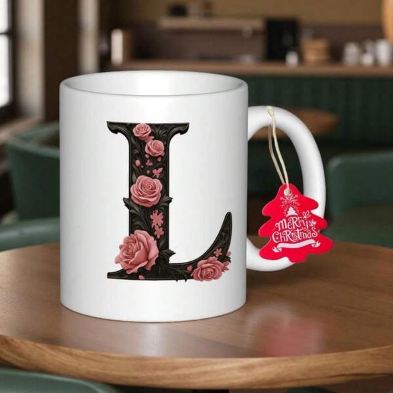 Tailorly White Ceramic 11 oz Mug - Merry Christmas Capital Letter L Adorned With Pink Roses And Delicate Floral Patterns Letter