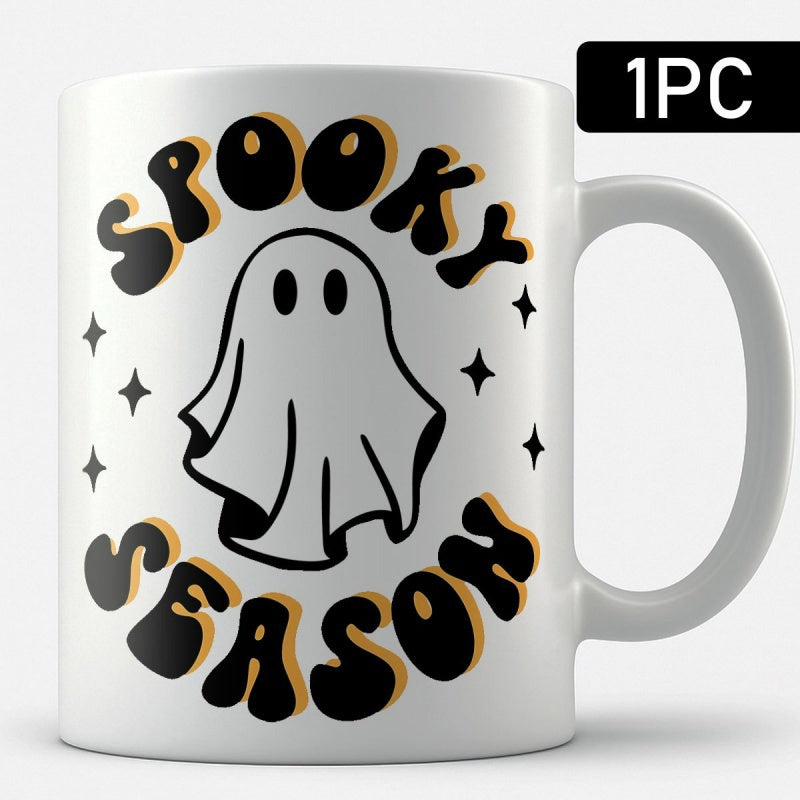 Tailorly White Ceramic 11 oz Mug - Spooky Season Groovy Retro Design With Twinkling Stars And Cartoon Ghost