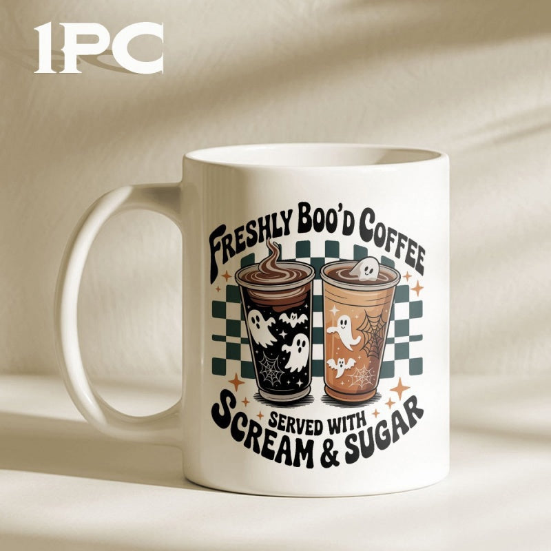 Tailorly White Ceramic 11 oz Mug - Freshly Boo'd Coffee Served With Scream Sugar Two Iced Coffee Cups Featuring Cute Ghosts And Checkered Background Patterns