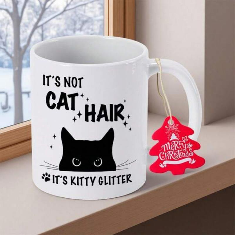 Tailorly White Ceramic 11 oz Mug - Its Not Cat Hair Its Kitty Glitter Minimalist Black Peeking Silhouette Among Shimmering Stars And Paw Prints Cat