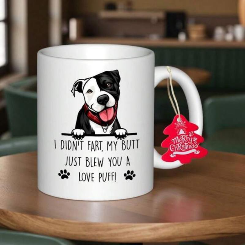 Tailorly White Ceramic 11 oz Mug - I Didnt Fart My Butt Just Blew You A Love Puff Black And White Smiling Pit Bull Peeking Over A Line With Paws Dog