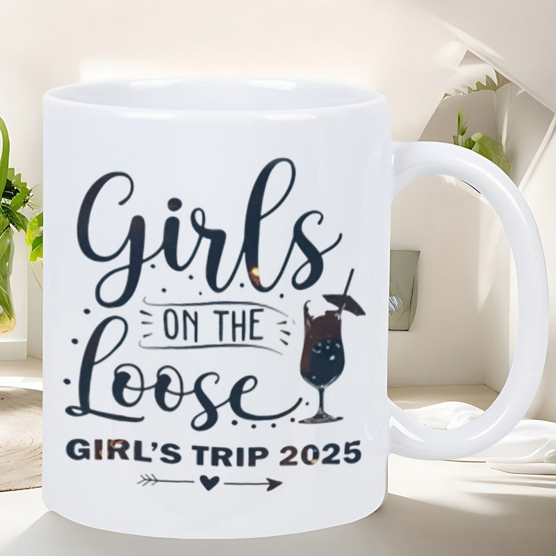 Tailorly White Ceramic 11 oz Mug - Girls On The Loose Girls Trip 2025 Elegant Tropical Beverage With Tiny Umbrella Beside Stylized Heart Arrow Drink