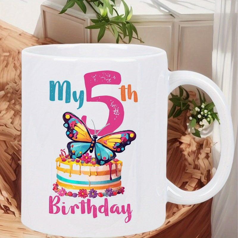 Tailorly White Ceramic 11 oz Mug - My 5th Birthday Colorful Wings Resting Above A Sweet Layered Cake With Small Flowers Butterfly
