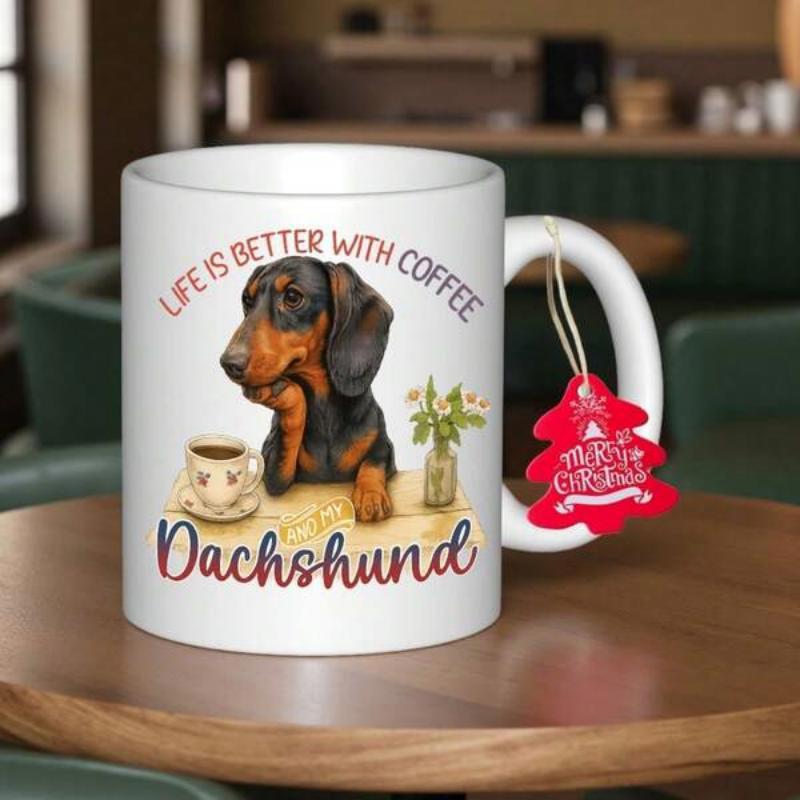 Tailorly White Ceramic 11 oz Mug - Life Is Better With Coffee Dachshund Charming Dog Sitting Beside A Coffee Cup With Small Flowers Dachshund