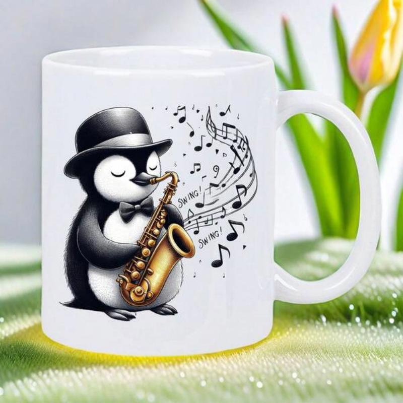 Tailorly White Ceramic 11 oz Mug - Adorable Cartoon Penguin Wearing Black Hat Playing Golden Saxophone Penguin