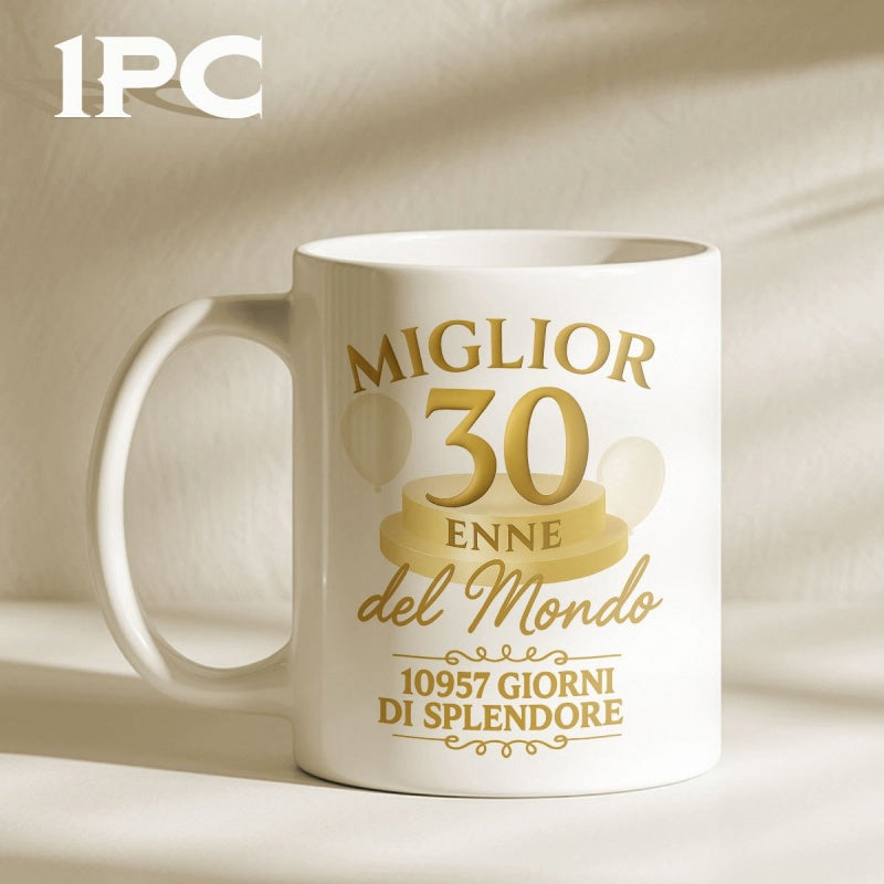 Tailorly White Ceramic 11 oz Mug - Golden Festive Birthday Numbers Resting On A Podium Surrounded By Balloons Mug