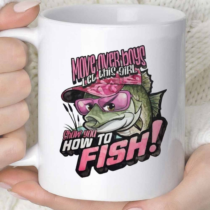 Tailorly White Ceramic 11 oz Mug - Move Over Boys Let This Girl Show You How To Fish Funny Cartoon Bass Wearing Pink Sunglasses And Bandana Holding A Grumpy