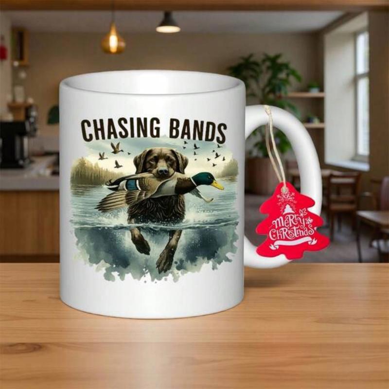Tailorly White Ceramic 11 oz Mug - Chasing Bands Loyal Hunting Dog Retrieving Mallard Among Splashy Water And Birds Retriever