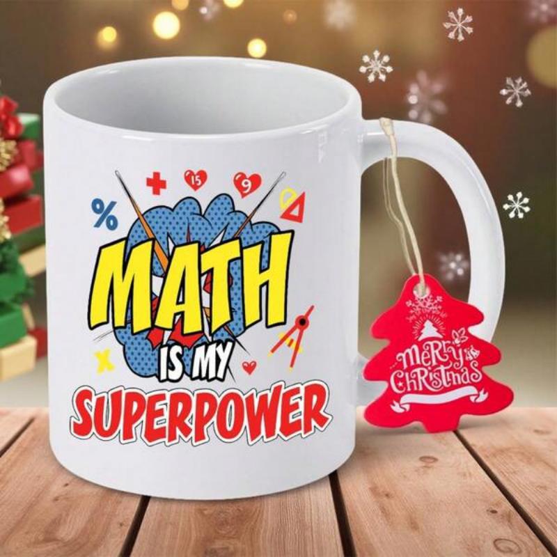 Tailorly White Ceramic 11 oz Mug - Math Is My Superpower Vibrant Blue Brain Floating Among Various Red Mathematical Symbols Mug