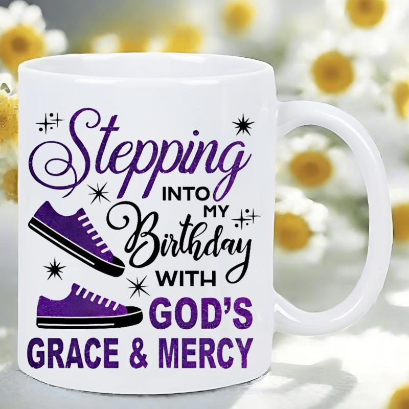 Tailorly White Ceramic 11 oz Mug - Stepping Into My Birthday With Gods Grace Mercy Pair Of Stylish Purple Sneakers Surrounded By Shining Black Decorative Sparkles