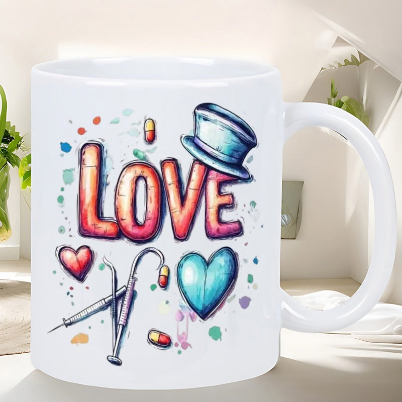 Tailorly White Ceramic 11 oz Mug - Love Artistic Medical Illustrations With Hearts Syringes And Stylized Top Hat Mug