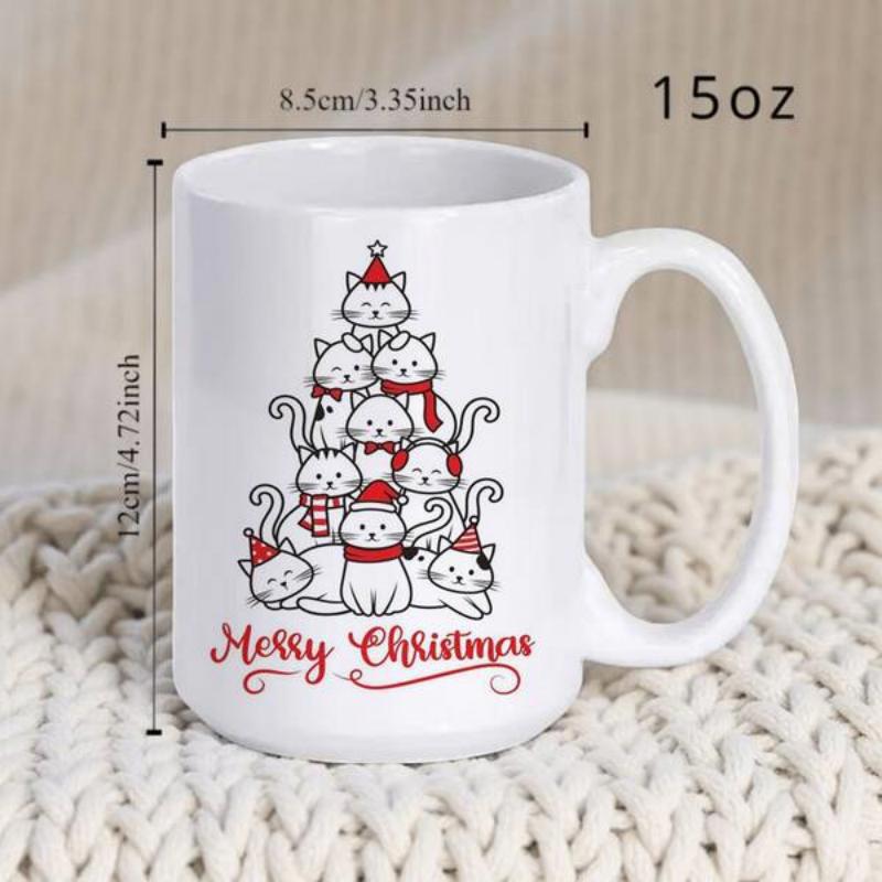 Tailorly White Ceramic 11 oz Mug - Merry Christmas Adorable Festive Kittens Stacked Into A Decorative Seasonal Holiday Tree Cat
