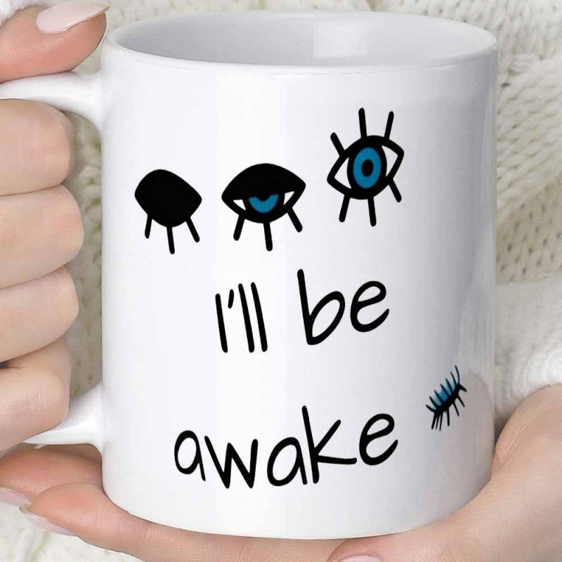 Tailorly White Ceramic 11 oz Mug - I'll Be Awake Minimalist Stylized Cartoon Eyes With Deep Blue Irises And Eyelashes Mug