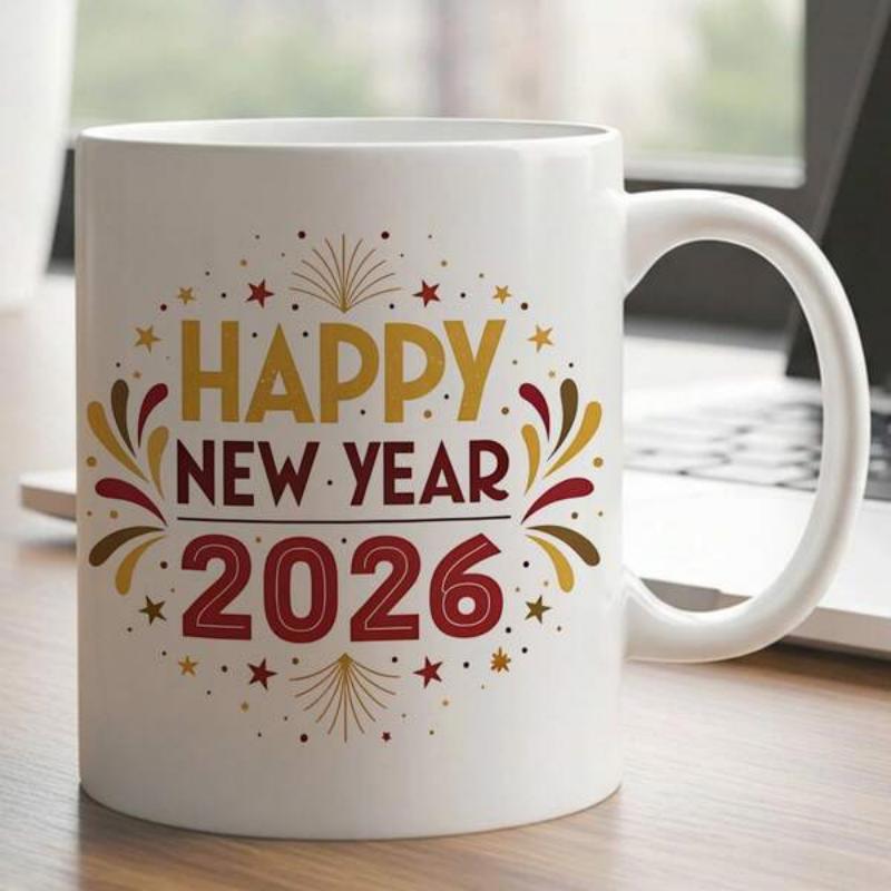 Tailorly White Ceramic 11 oz Mug - Happy New Year 2026 Festive Stars And Golden Fireworks Bursting Among Decorative Shapes Celebration