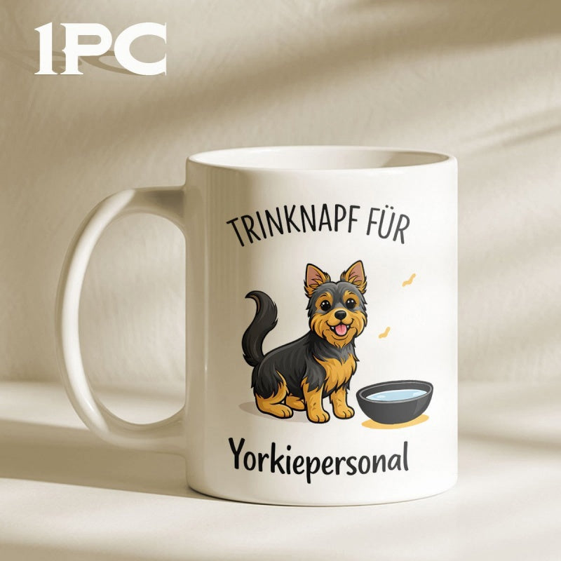 Tailorly White Ceramic 11 oz Mug - Yorkiepersonal Happy Little Black And Tan Cartoon Dog Sitting Beside Water Bowl Yorkshire Terrier