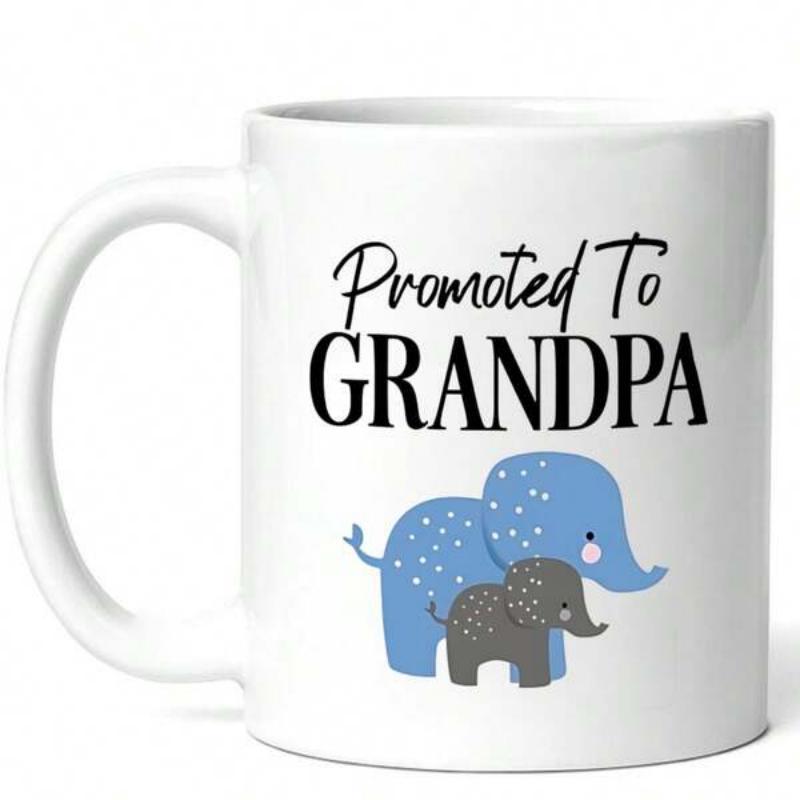 Tailorly White Ceramic 11 oz Mug - Promoted To Grandpa Cute Blue And Grey Adorable Mother Child Cartoon Patterned Elephants