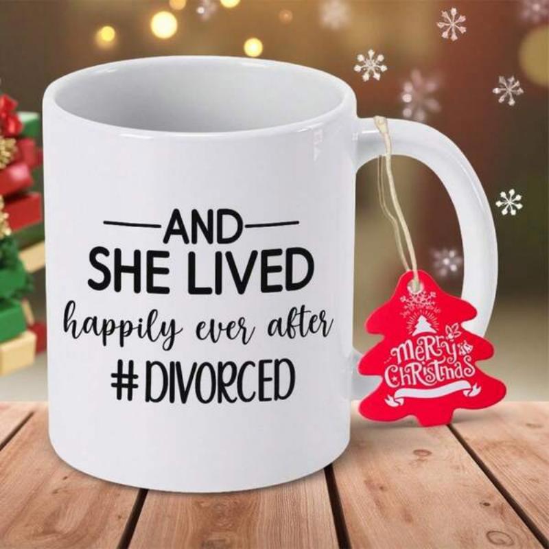 Tailorly White Ceramic 11 oz Mug - And She Lived Happily Ever After Divorced Simple Minimalist White Ceramic Vessel Featuring Bold Black Text Mug