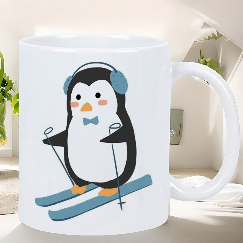 Tailorly White Ceramic 11 oz Mug - Cute Cartoon Character Wearing Earmuffs While Gliding On Blue Skis Penguin