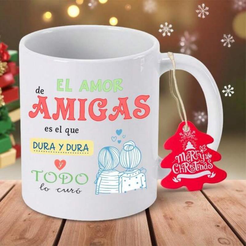 Tailorly White Ceramic 11 oz Mug - Merry Christmas Two Young Girls Sitting Back To Back Under Glowing Festive Lights Friendship