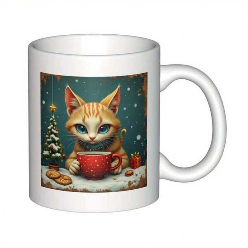 Tailorly White Ceramic 11 oz Mug - Charming Orange Kitten With Warm Mug Sitting Beside Small Festive Tree Cat