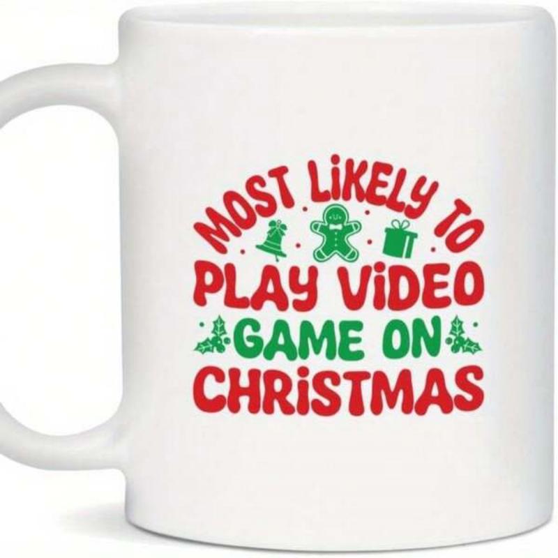Tailorly White Ceramic 11 oz Mug - Most Likely To Play Video Game On Christmas Festive Gingerbread Man Surrounded By Holiday Trees And Gifts Design