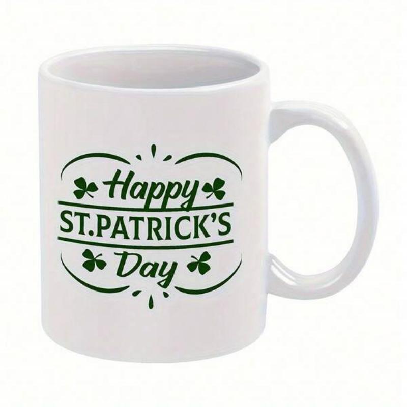 Tailorly White Ceramic 11 oz Mug - Happy St Patricks Day Festive Green Clover Leaf Surrounded By Elegant Swirls And Decorative Elements Shamrock