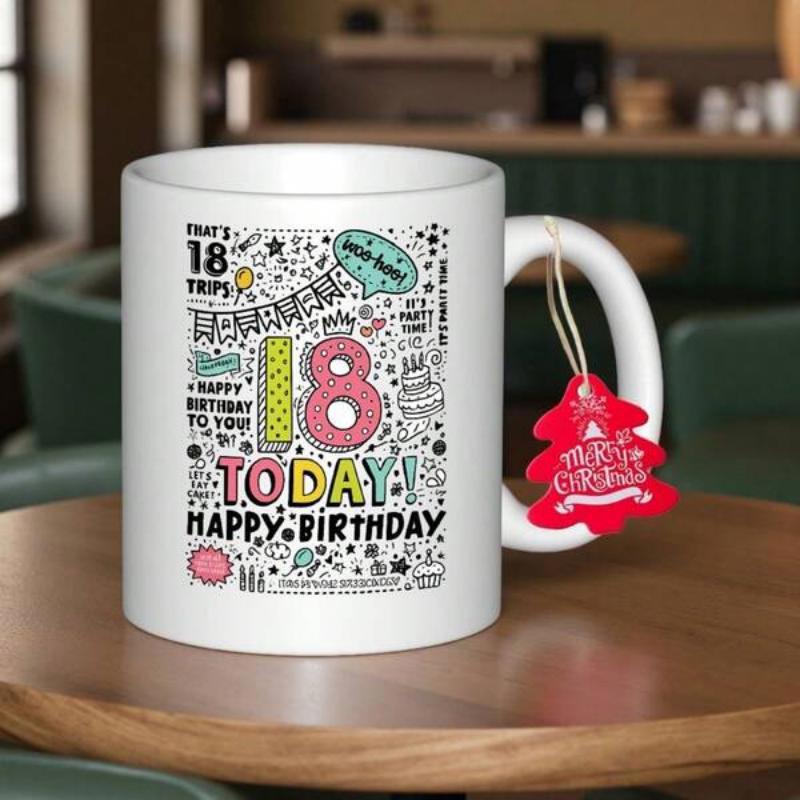 Tailorly White Ceramic 11 oz Mug - 18 Today Happy Birthday Hand Drawn Colorful Doodle Elements Featuring Decorative Stars And Celebration Symbols Eighteen