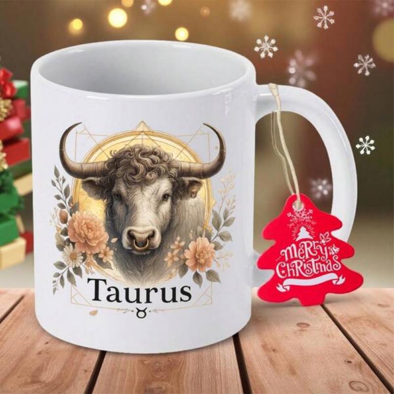 Tailorly White Ceramic 11 oz Mug - Taurus Vintage Majestic Bull Head Within Golden Halo Among Peach Flowers Taurus