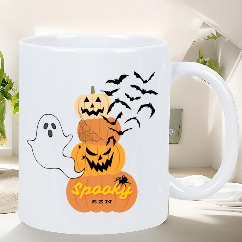 Tailorly White Ceramic 11 oz Mug - Spooky Stacked Carved Jack O Lanterns Surrounded By Flying Bats And Ghost Pumpkins