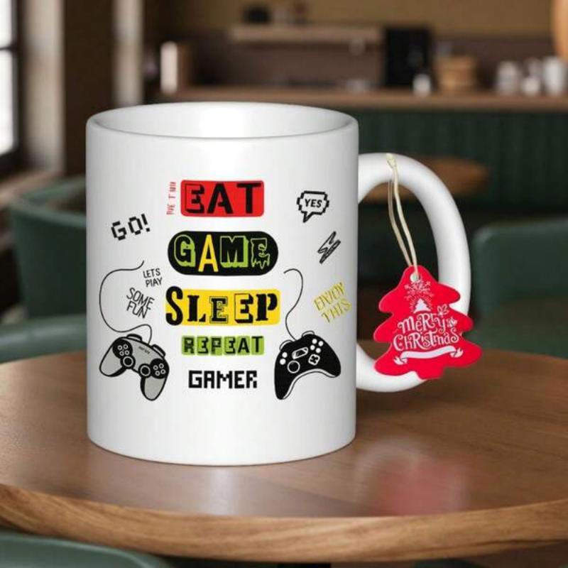 Tailorly White Ceramic 11 oz Mug - Eat Sleep Game Repeat Gamer Artistic Sketches Of Gaming Controllers Surrounded By Vibrant Colorful Text Blocks Controller