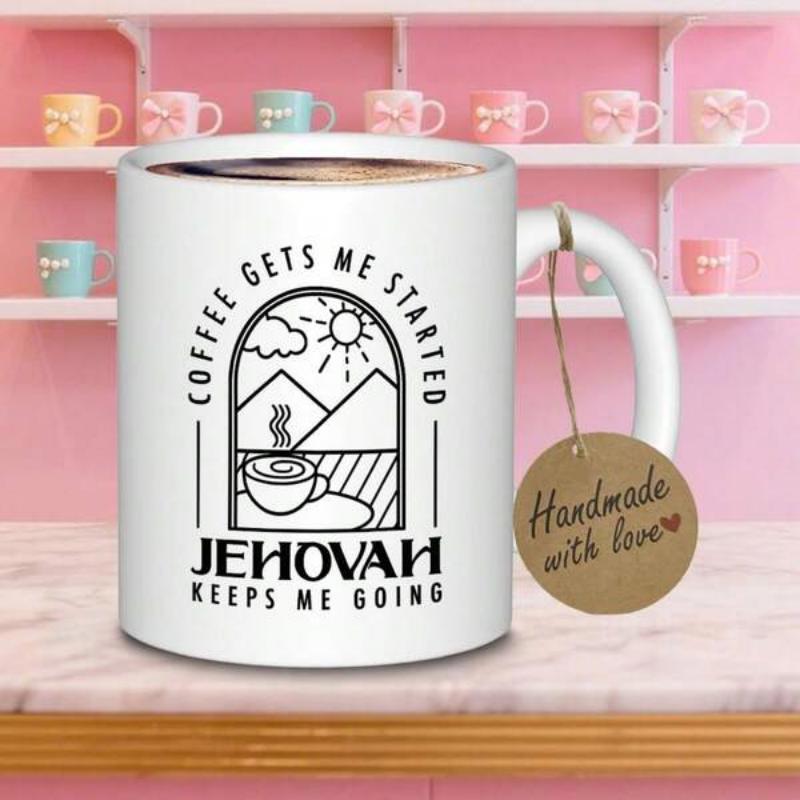 Tailorly White Ceramic 11 oz Mug - Coffee Gets Me Started Jehovah Keeps Me Going Scenic Line Art Sun Shining Over Peaceful Outdoor Wilderness Mountain
