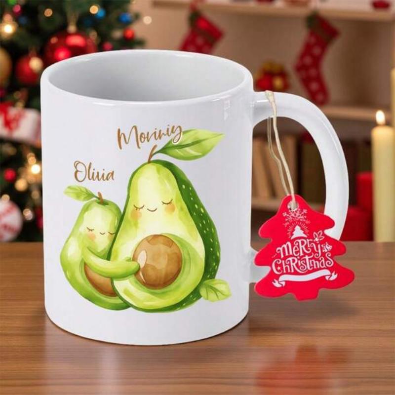 Tailorly White Ceramic 11 oz Mug - Olivia Mummy Two Cute Hugging Avocados With Smiling Faces And Green Leaves Avocado