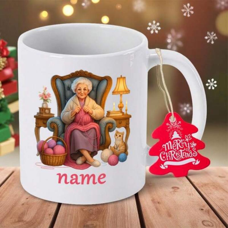 Tailorly White Ceramic 11 oz Mug - Merry Christmas Name Cozy Elderly Woman Knitting In Armchair With Sleeping Little Cat Mug