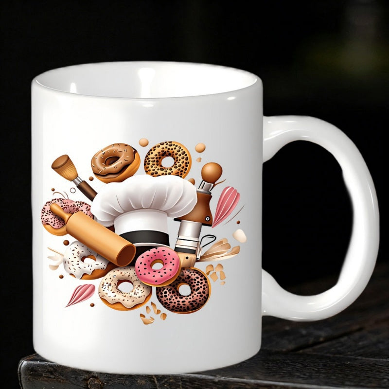 Tailorly White Ceramic 11 oz Mug - Assorted Delicious Glazed Treats Surrounding A Professional White Baker Hat Donuts