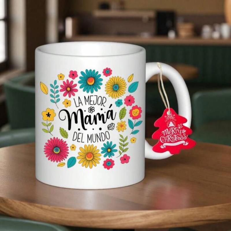 Tailorly White Ceramic 11 oz Mug - Colorful Hand Drawn Garden Blooms Arranged In A Circular Wreath Flower