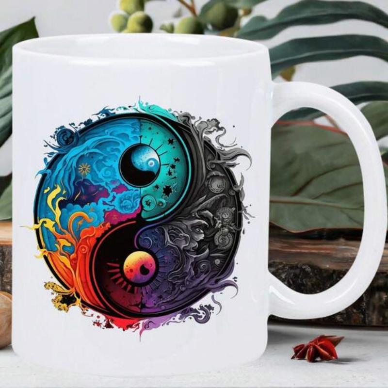 Tailorly White Ceramic 11 oz Mug - Vibrant Colorful Cosmic Elements Swirling With Artistic Ornate Details Harmony Yin Yang