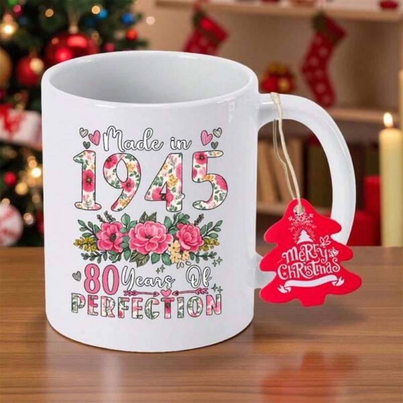 Tailorly White Ceramic 11 oz Mug - Made In 1945 80 Years Of Perfection Merry Christmas Elegant Pink Roses Surrounded By Floral Patterned Vintage Numbers