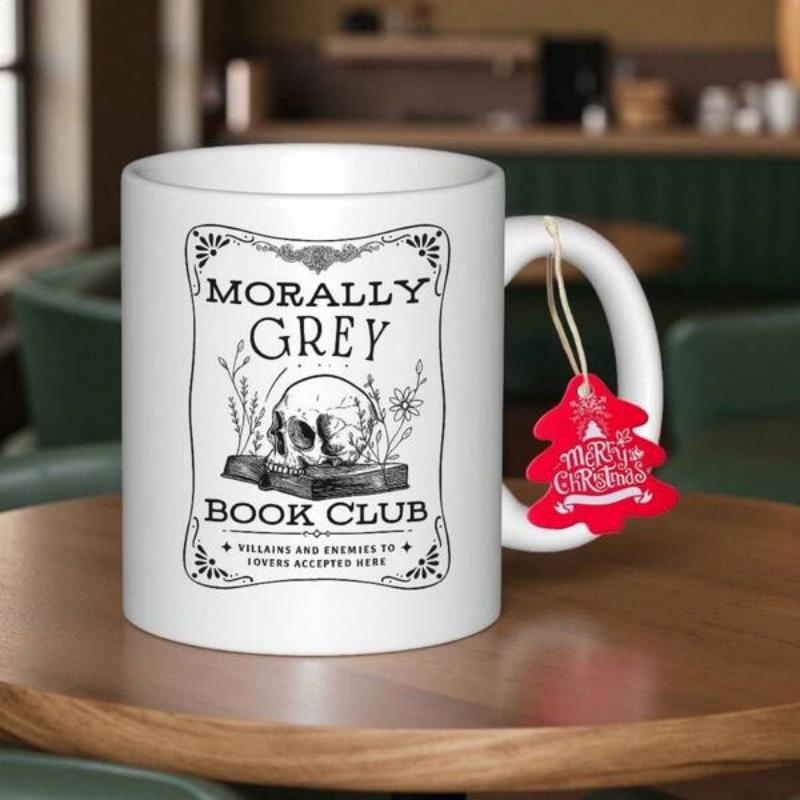 Tailorly White Ceramic 11 oz Mug - Morally Grey Book Club Vintage Gothic Skull Resting On Book Surrounded By Floral Frames Mug