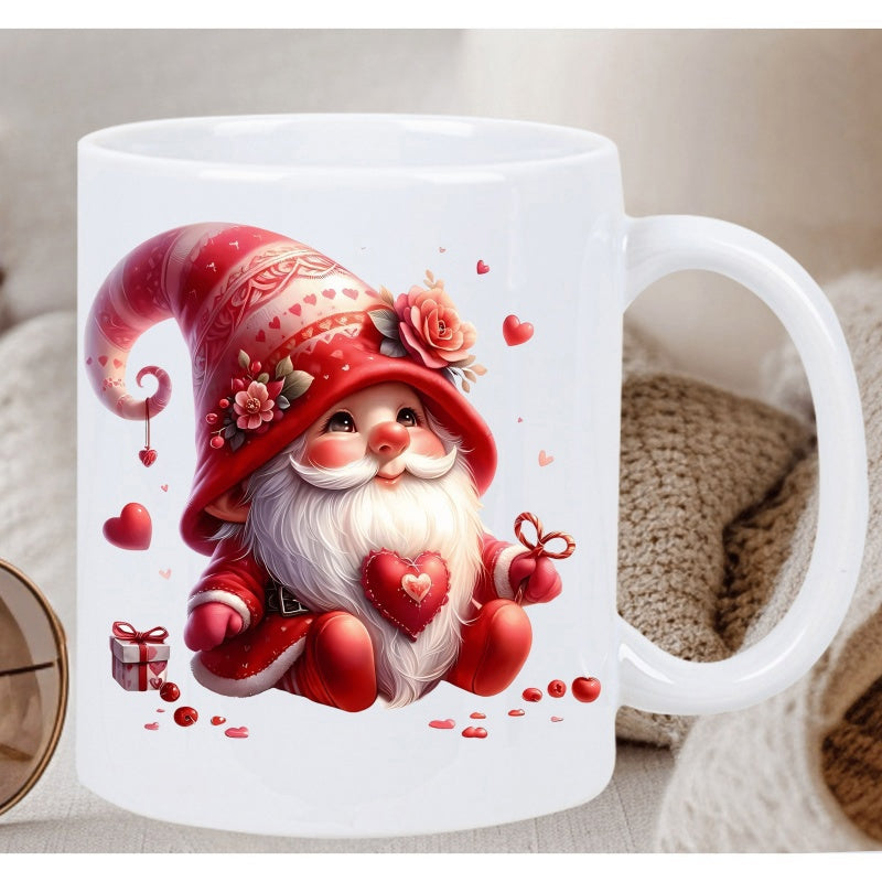 Tailorly White Ceramic 11 oz Mug - Adorable Valentine With Red Hat Decorated By Pink Roses Holding Heart Gnome