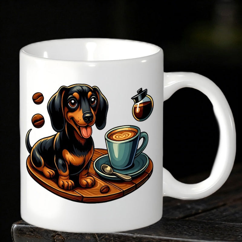 Tailorly White Ceramic 11 oz Mug - Playful Cartoon Dog Sitting By A Steaming Blue Cup Of Coffee Dachshund