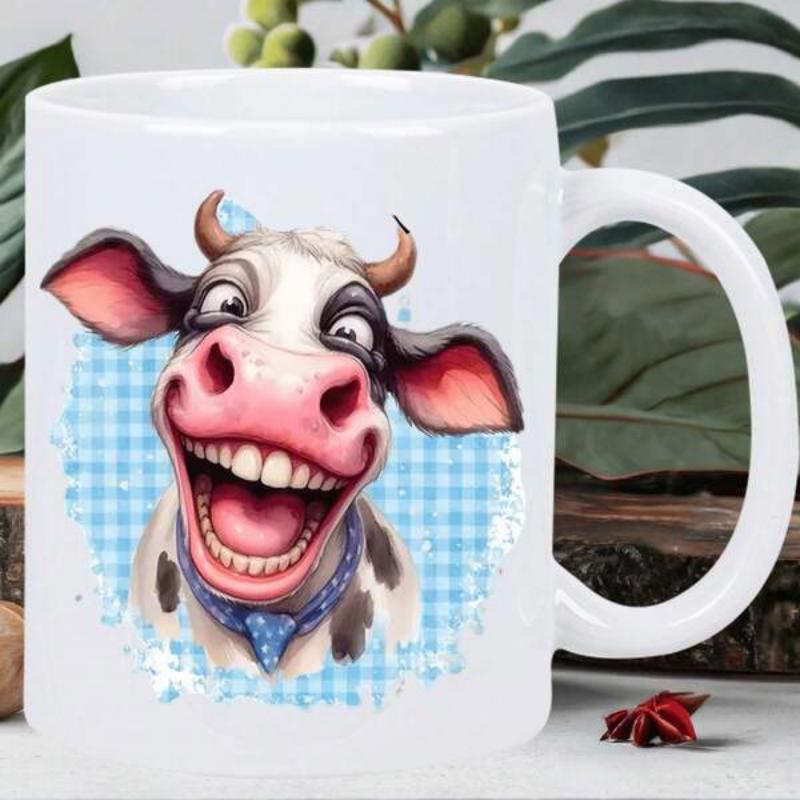 Tailorly White Ceramic 11 oz Mug - Whimsical Laughing Farm Animal Wearing Blue Bandana With Gingham Pattern Cow