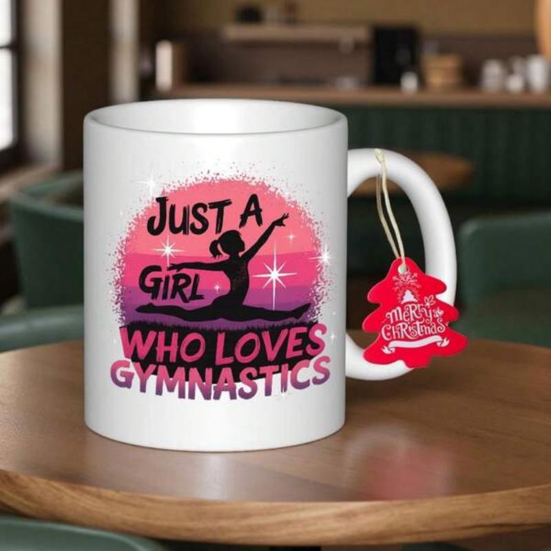 Tailorly White Ceramic 11 oz Mug - Just A Girl Who Loves Gymnastics Silhouette Performing Splits Against A Pink Sunset Circular Backdrop Gymnast