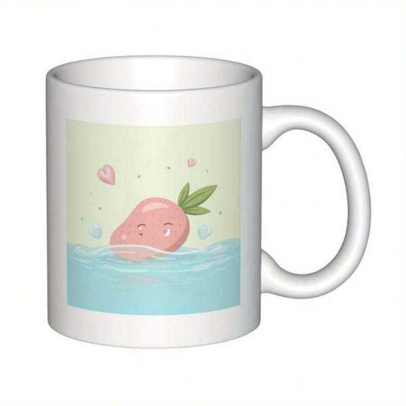 Tailorly White Ceramic 11 oz Mug - Cute Pink Fruit Character Floating Peacefully Among Gentle Blue Water Ripples Strawberry