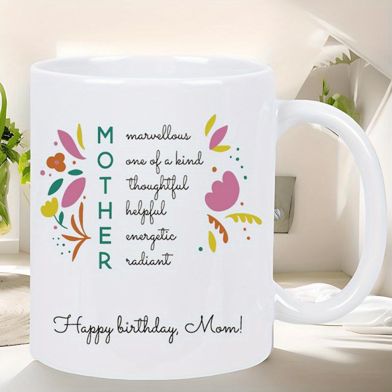 Tailorly White Ceramic 11 oz Mug - Mother Happy Birthday Mom Colorful Floral Elements Flanking Elegant Script Within A Delicate Garden Flower