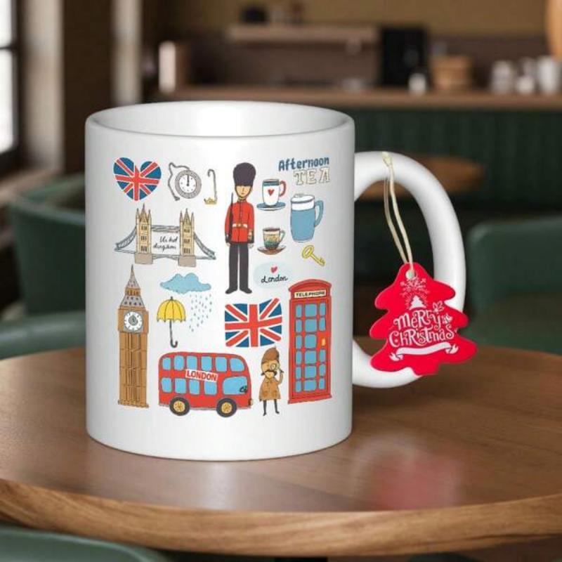 Tailorly White Ceramic 11 oz Mug - Afternoon Tea London Illustrations Of British Icons Featuring Red Double Decker Bus And Landmarks Collection