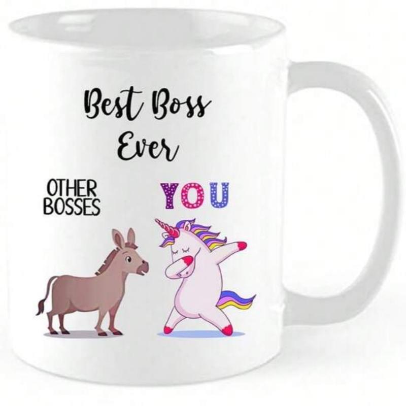 Tailorly White Ceramic 11 oz Mug - Best Boss Ever Other Bosses You Magical Mythical Creature Performing A Trendy Dabbing Dance Beside A Brown Donkey Unicorn