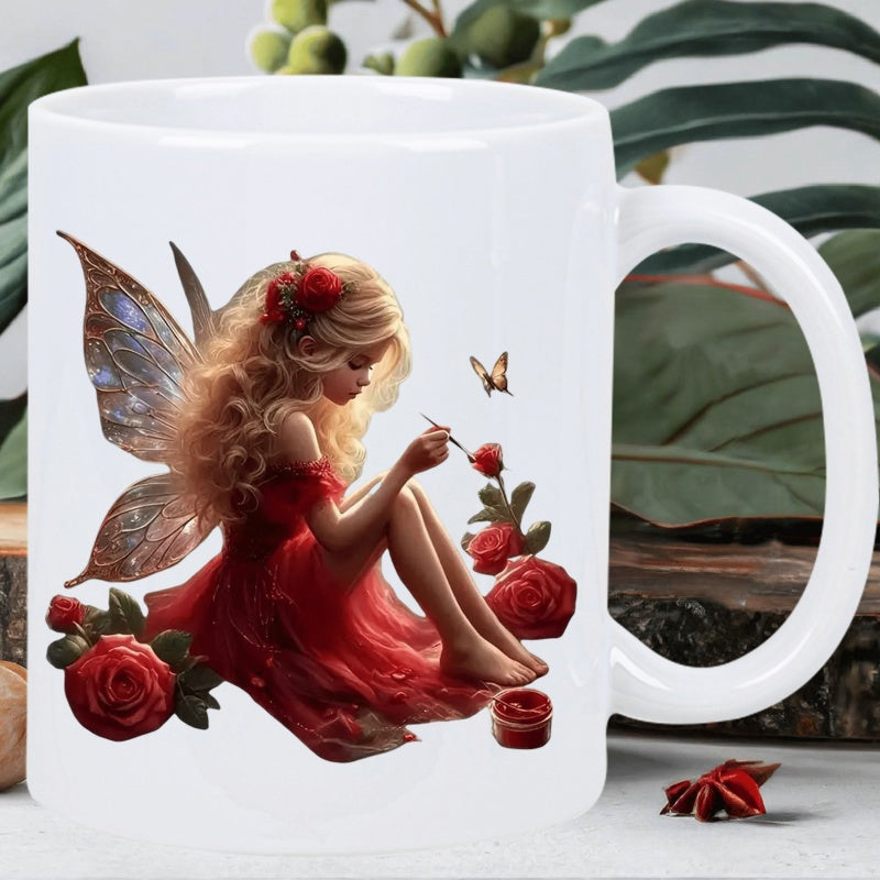 Tailorly White Ceramic 11 oz Mug - Enchanting Golden Haired Fairy With Shimmering Wings Sitting Among Roses Fairy