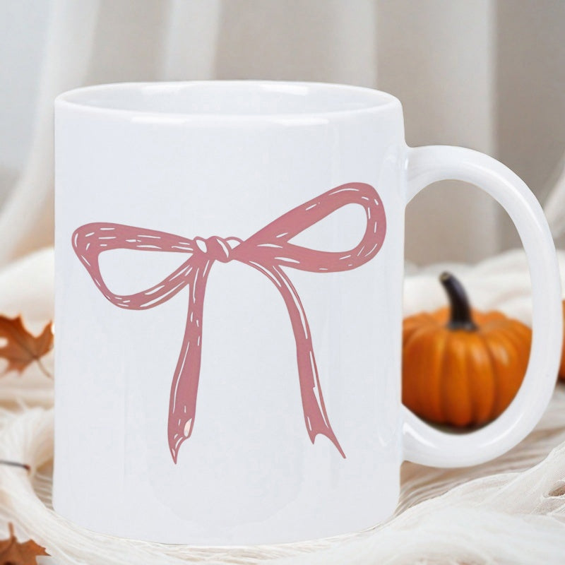 Tailorly White Ceramic 11 oz Mug - Hand Drawn Minimalist Pink Ribbon With Delicate Artistic Lines Bow