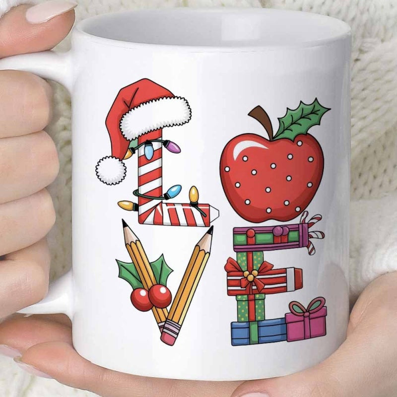 Tailorly White Ceramic 11 oz Mug - Love Festive Symbols Featuring Santa Hat Candy Cane And Gift Boxes Love